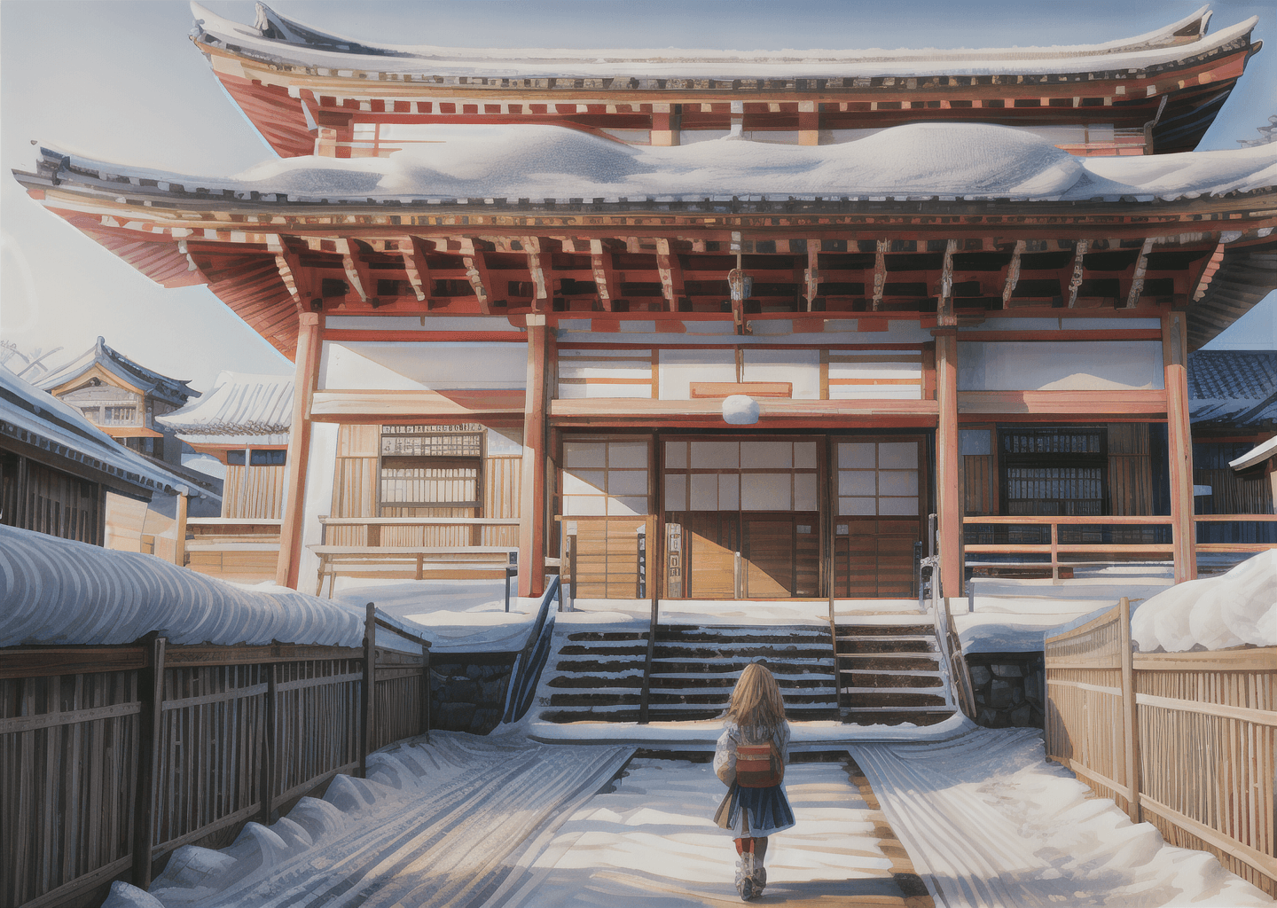 AI generated: girl ((waking down snow covered steps)), traditional japanese architecture, traditional japanese clo...