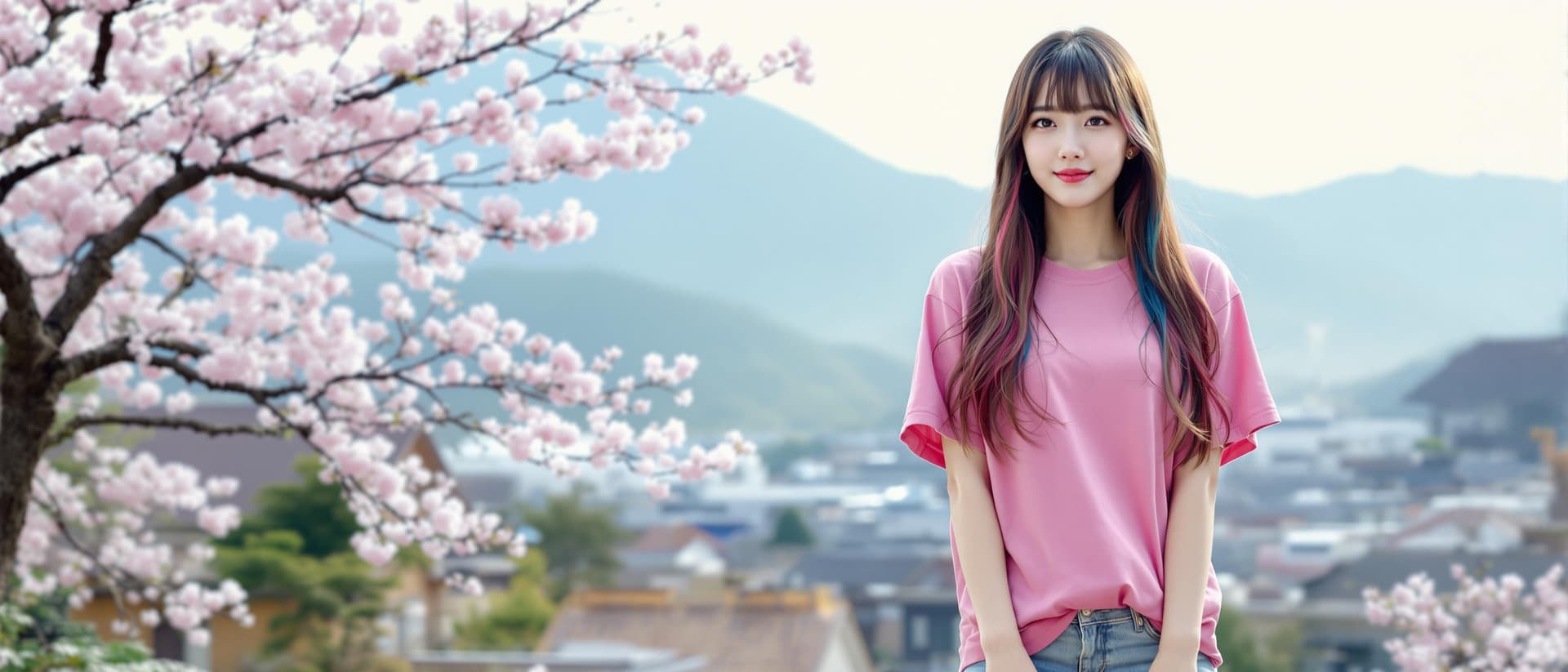 AI generated: A person, korean ulzzang face, Seoul girl, long hair, bangs, multi color hair, wearing a pink t-shir...