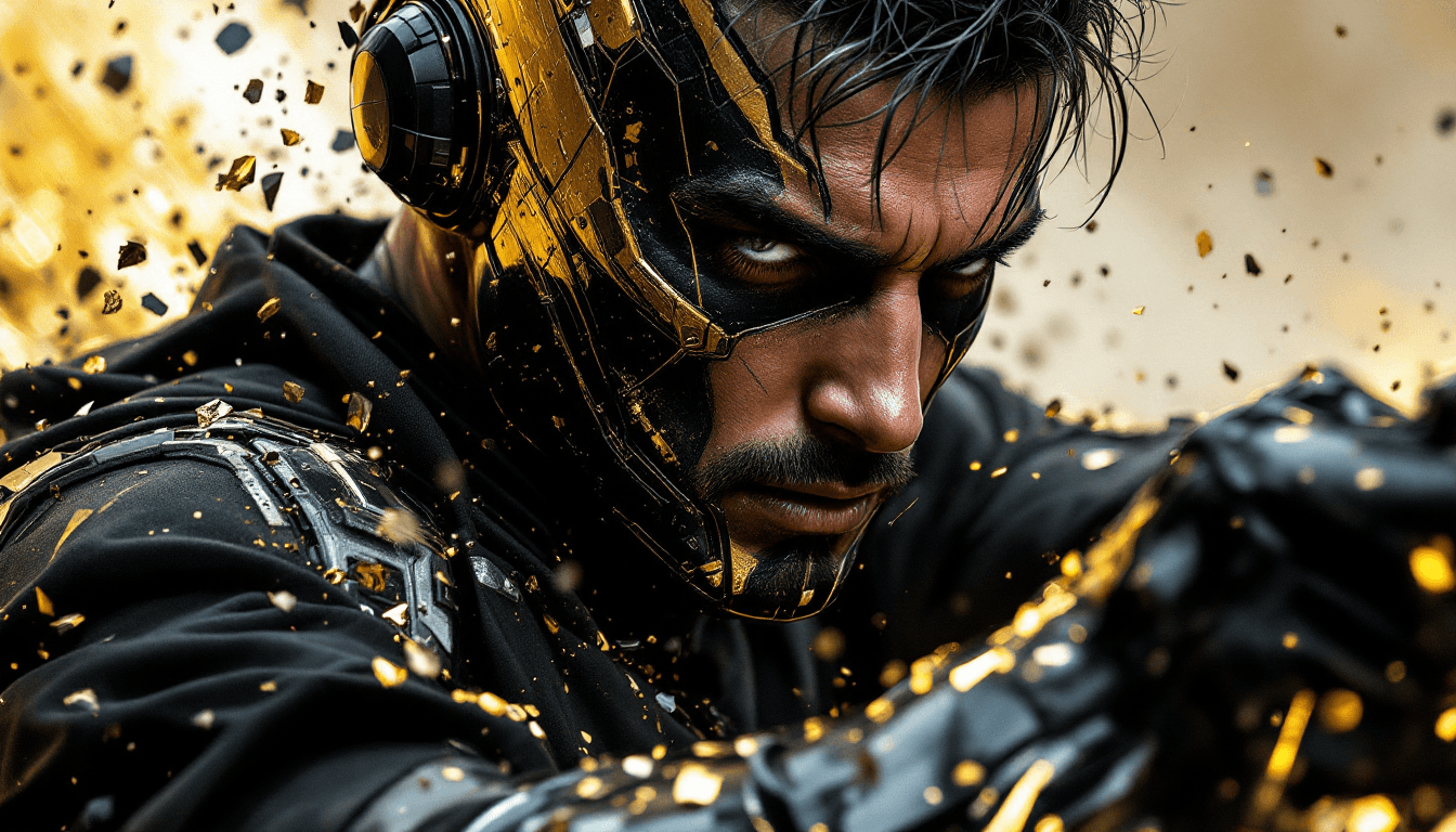 AI generated: a man in black with silver paint covering him, in the style of dark gold and bronze, comic art, futu...