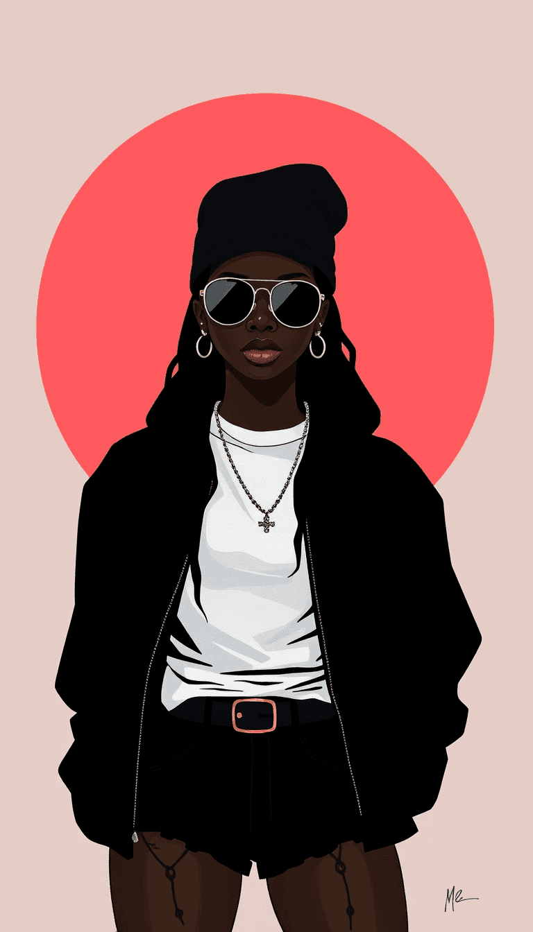 AI generated: black-woman-minimalist-painting-of-hip-hop-character-design-in-the-style-of-olivia-de-berardinis-Bla...