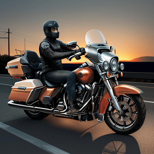 AI generated:  picture ultra realistic biker on a harley davidson motorcycle on the road 66 sunset side view --ar ...