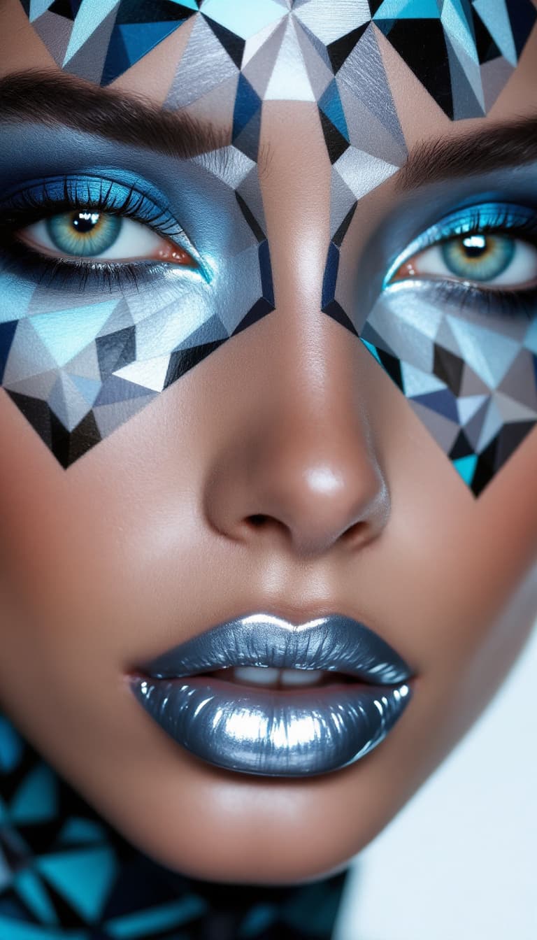AI generated: A woman's face transformed into a striking, geometric pattern, with her makeup resembling the sharp,...