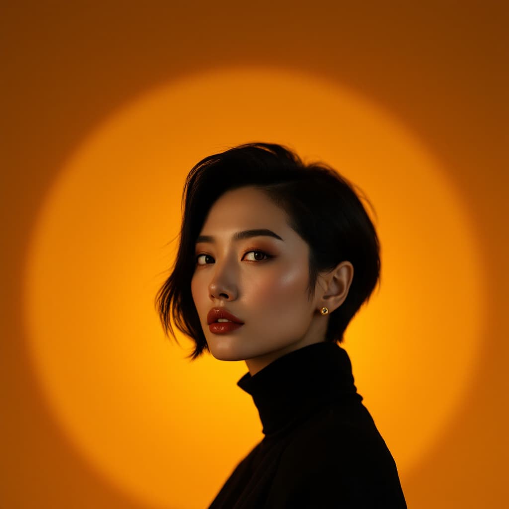 AI generated: High-fashion portrait of a middle-aged Chinese woman with short hair swept back, structured volume a...