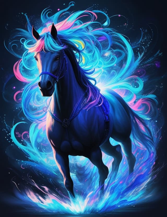 AI generated: fantacy game ,Illustrate a blue horse against a psychedelic multicolored background ,dramatric light...