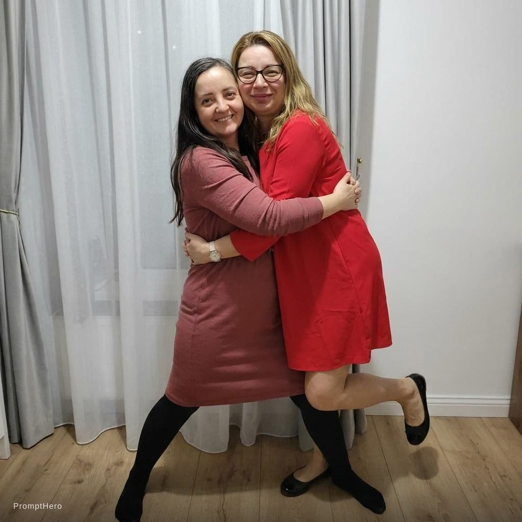AI generated: the girl on the left is holding the one on the right, with her legs wide apart and looking at the vi...