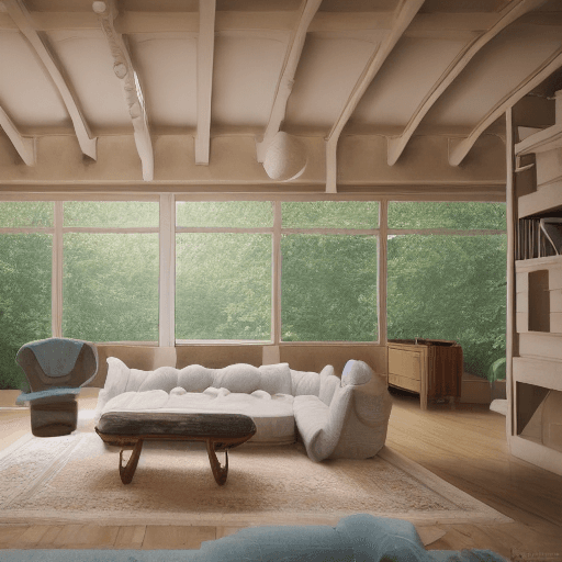AI generated: High resolution photography interior design, dreamy sunken living room conversation pit, wooden floo...