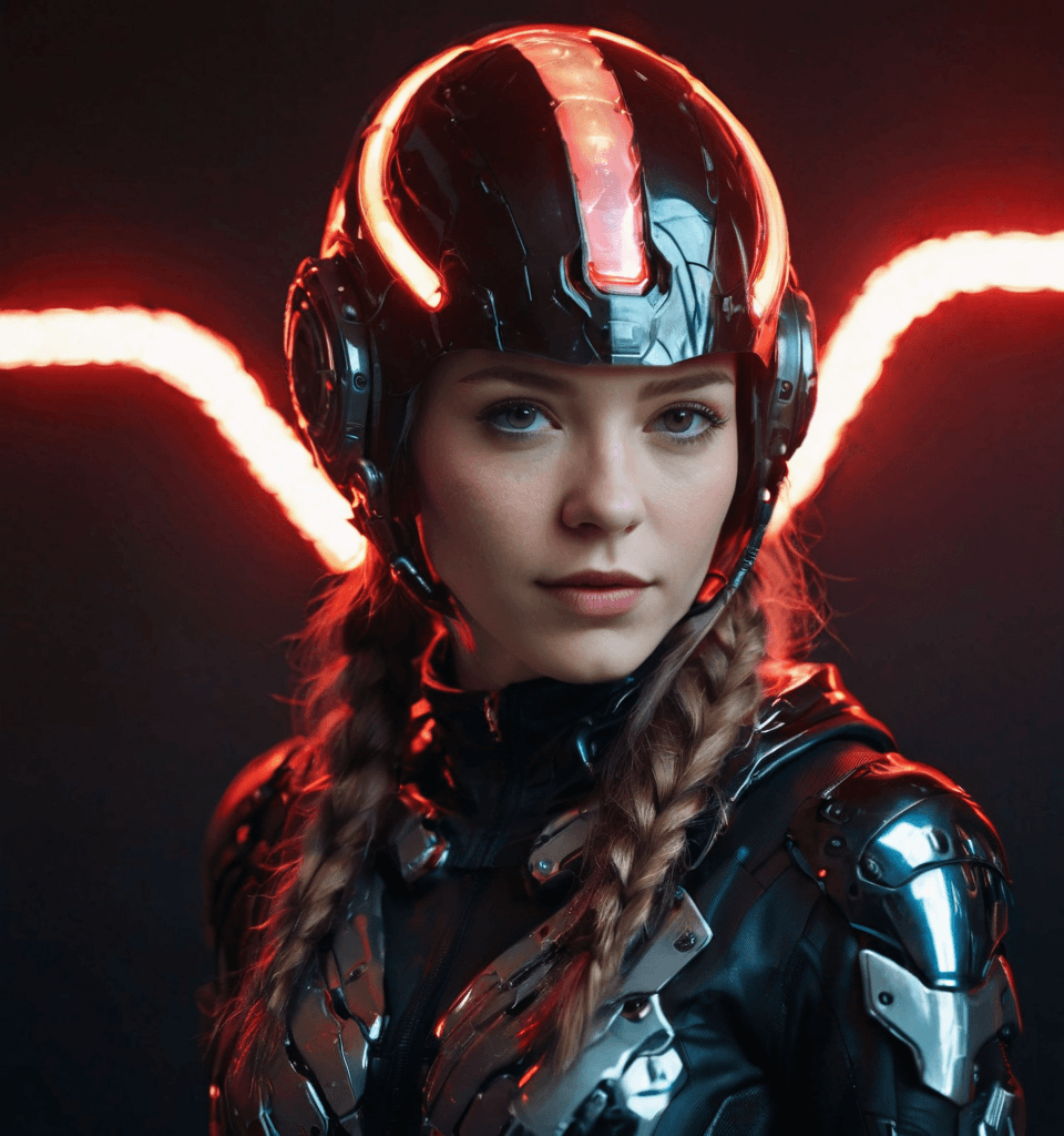 AI generated: Futuristic cyborg girl featuring a captivating cybernetic helmet adorned with vibrant triangular red...