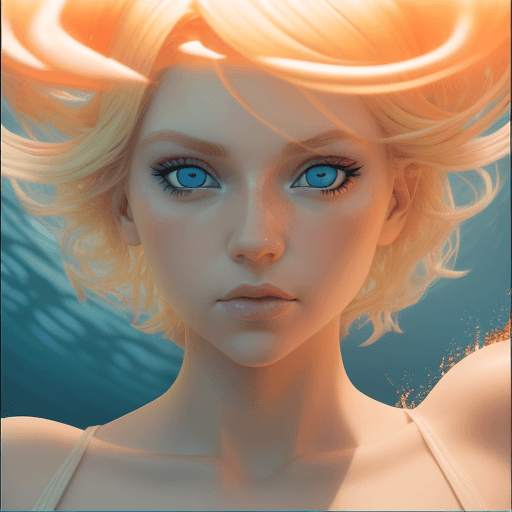 AI generated: a blue eyed woman with blonde hair, in the style of cinematic lighting, light orange and white, , re...