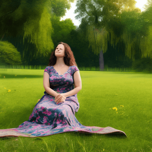 AI generated: A woman sitting on a blanket in a park, wearing a light floral dress with one leg bent and crossed o...