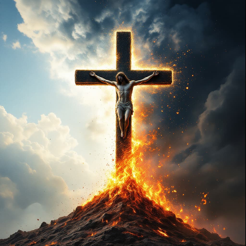 AI generated: Create an image of heaven with a cross of Yeshua on top and hell on the bottom with fire