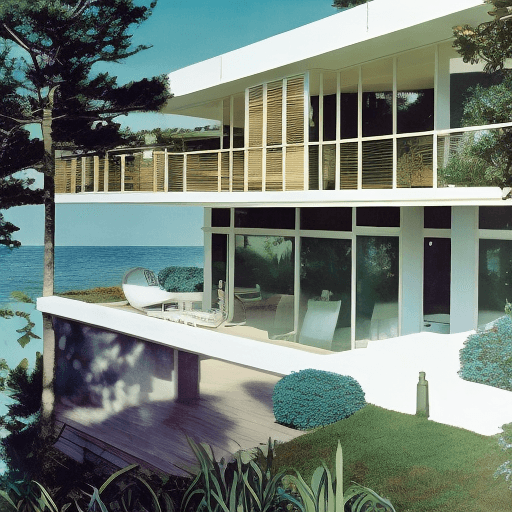 AI generated: Hyper realistic eye level exterior photo of a mid century modern style house overlooking the ocean, ...