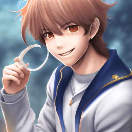 AI generated: Beautiful highschool boy in uniform turns around with a smile with tears, long hair in buns, anime, ...