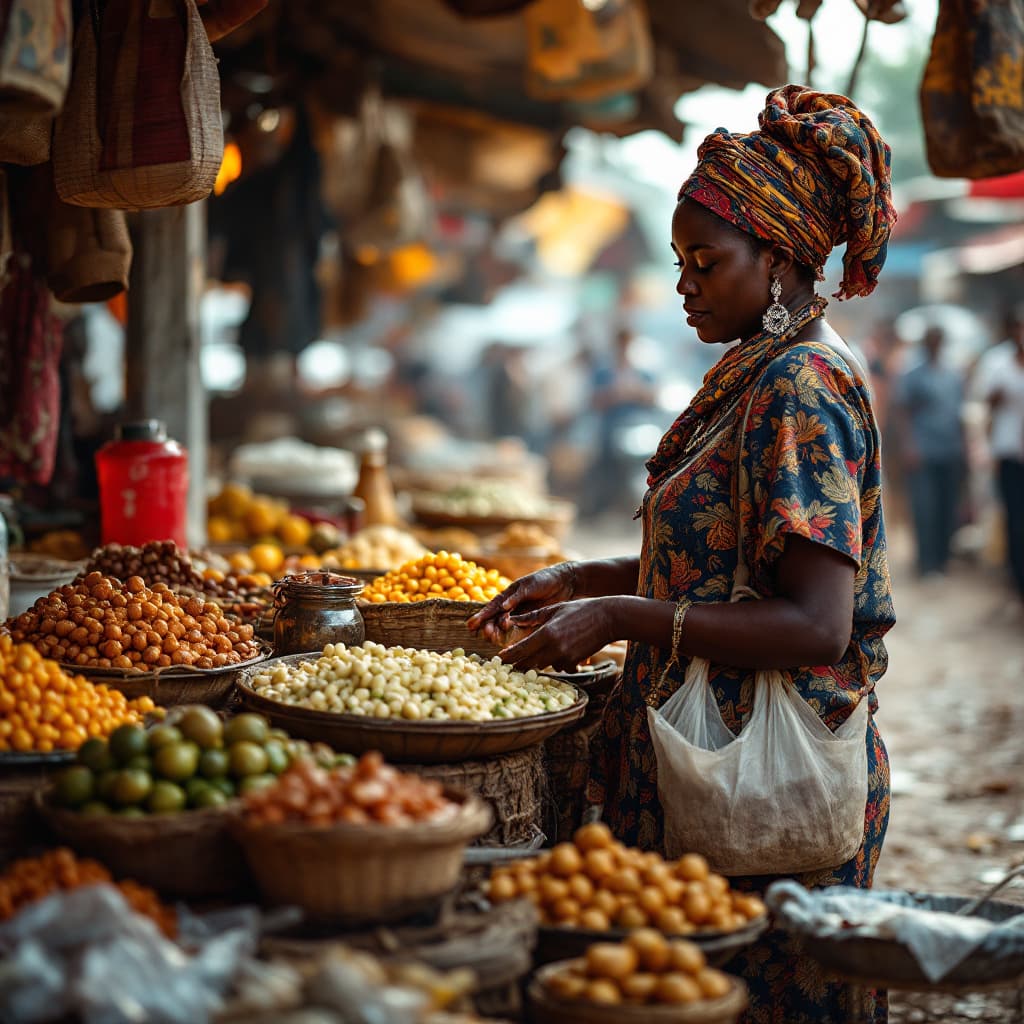 AI generated: create an image of a nigeria woman selling foodstuff in a busy market