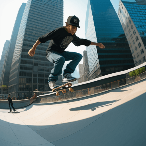 AI generated: photography, dynamic range, in the city, ollie motion with professional man skateboarder