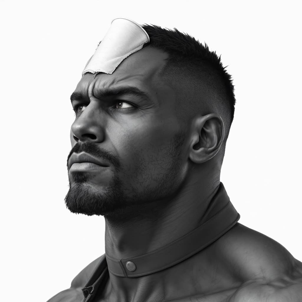 AI generated: A very muscular man with a collar around his neck. A paper cup is stuck to his forehead.
