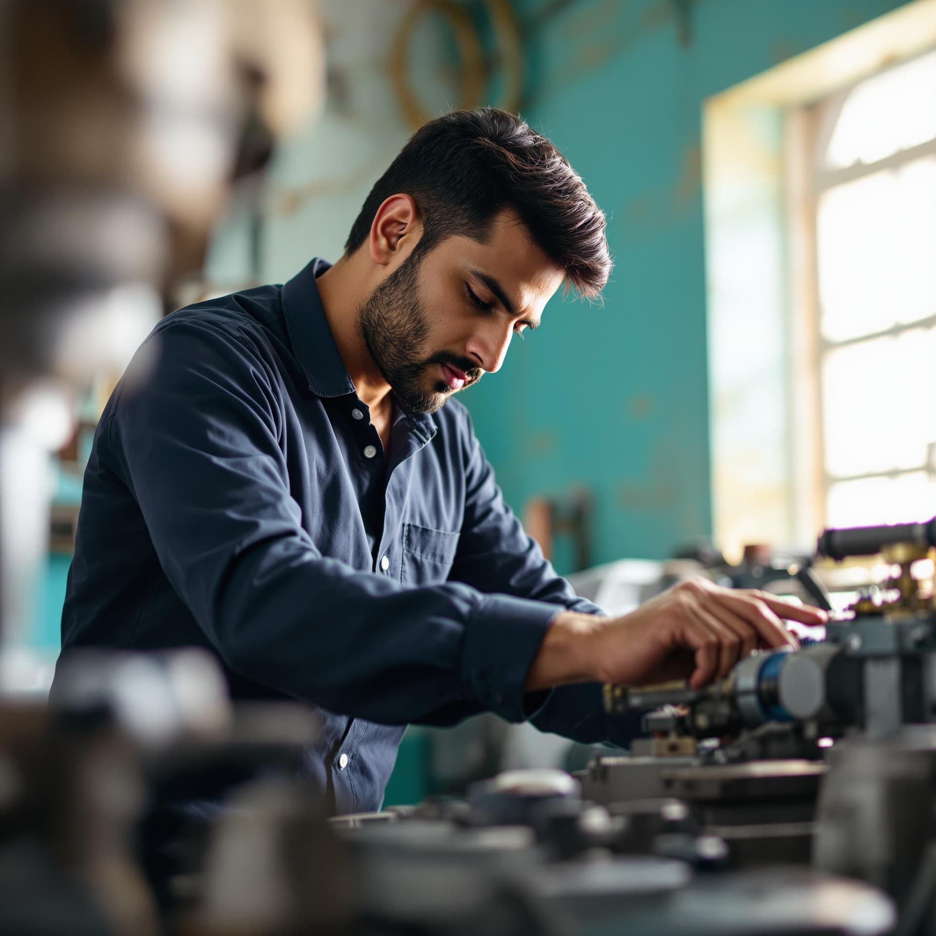 AI generated: The image features a focused Indian man operating a piece of machinery, presumably in a workshop or ...