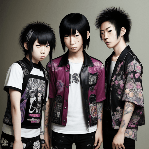AI generated: Hyper realistic eye level  photo of a japanes teen punk band with three members