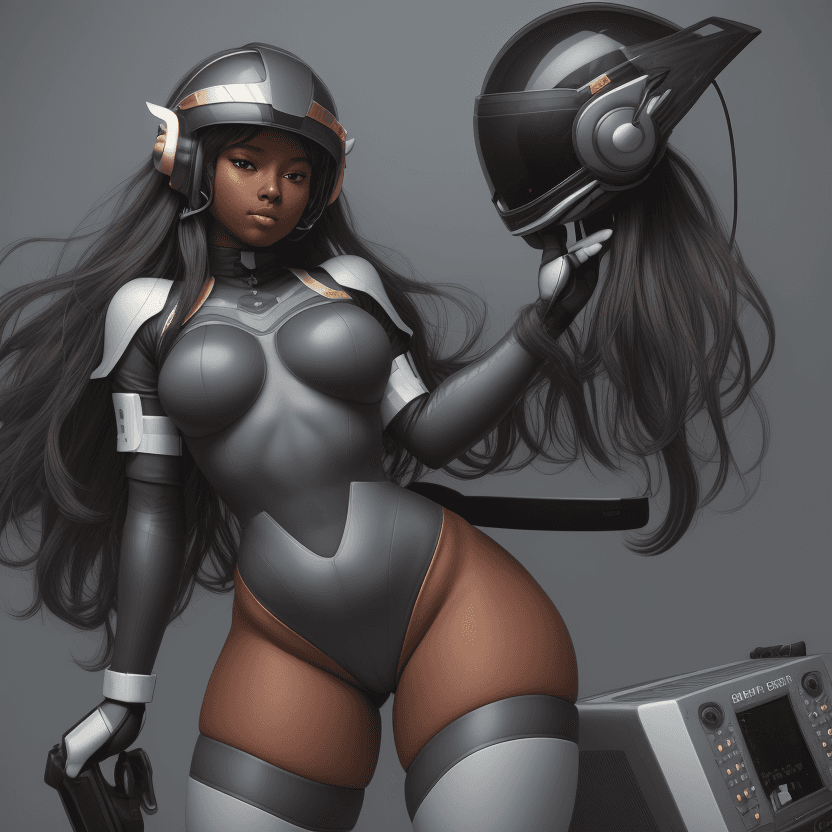 AI generated: goddess, long hair, dark skin, leotard, thick thighs, speakers on helmet headset, smug and dominant,...