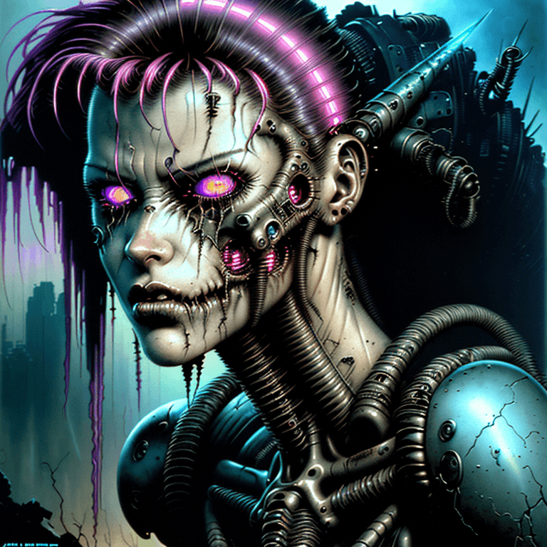 AI generated: a perfect Beautiful rugged female post apocalyptic retrowave synthwave cyborg, creepy eerie disturbi...