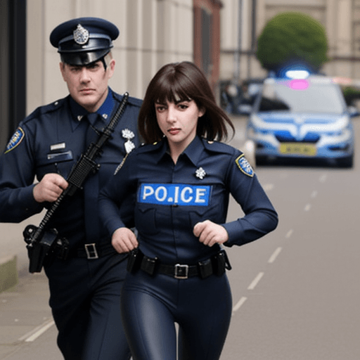 AI generated: Catgirl police officer in UK police uniform chasing a bad guy.