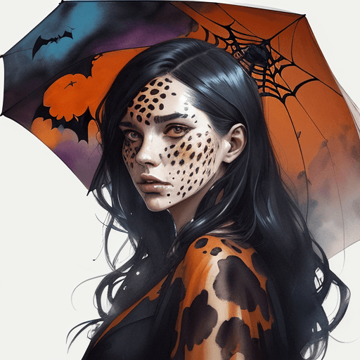 AI generated: Halloween Watercolor by Conrad Roset, fantasy, umbrella, long beautiful hair, leopard pattern, analo...