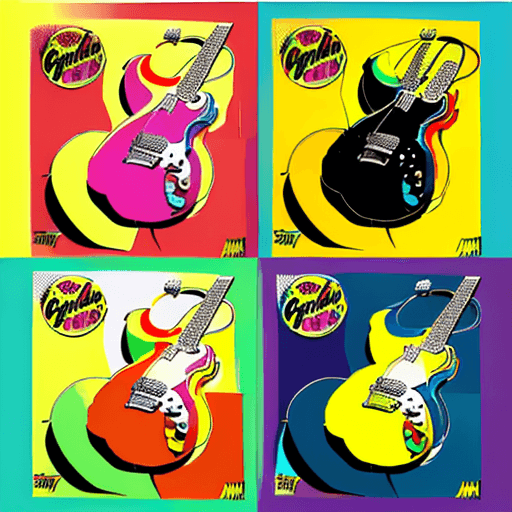 AI generated: a vibrant pop art rendering of a guitar, colorful, pop art style, reminiscent of Warhol, with a meta...