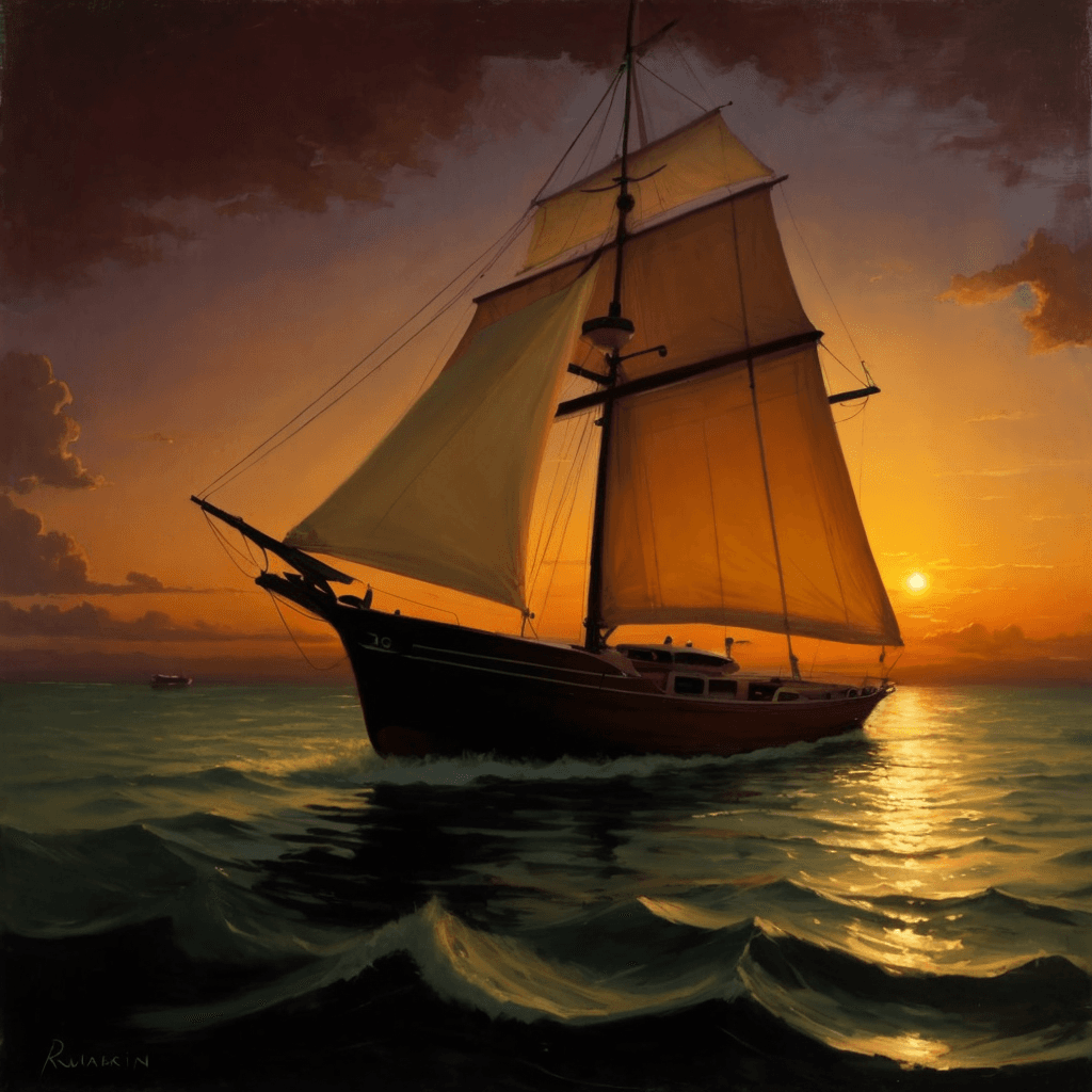 AI generated: a boat sitting in the water during sunset, in the style of greg rutkowski, calm and serene beauty