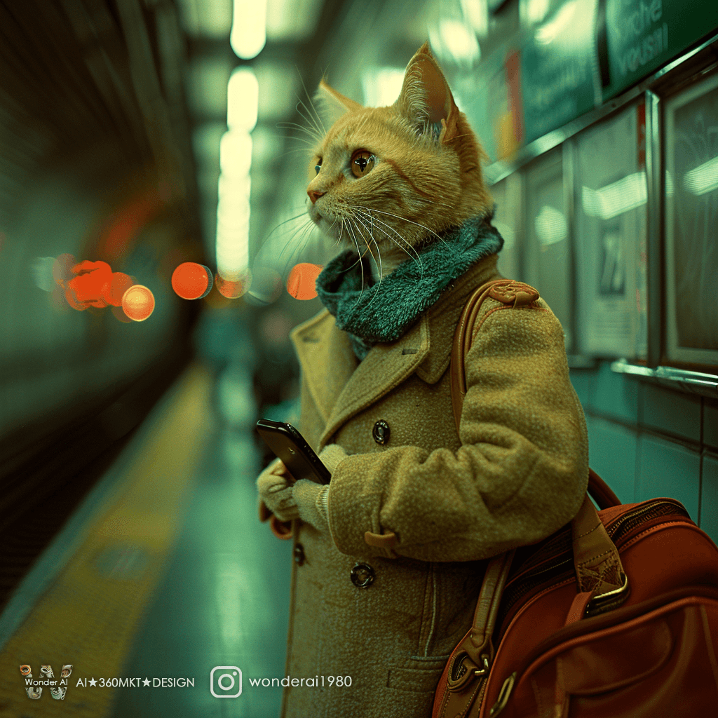 AI generated: an anthropomorphic cream cute cat wearing Suit, briefcase, cellphone, coffee standing alone in a sub...