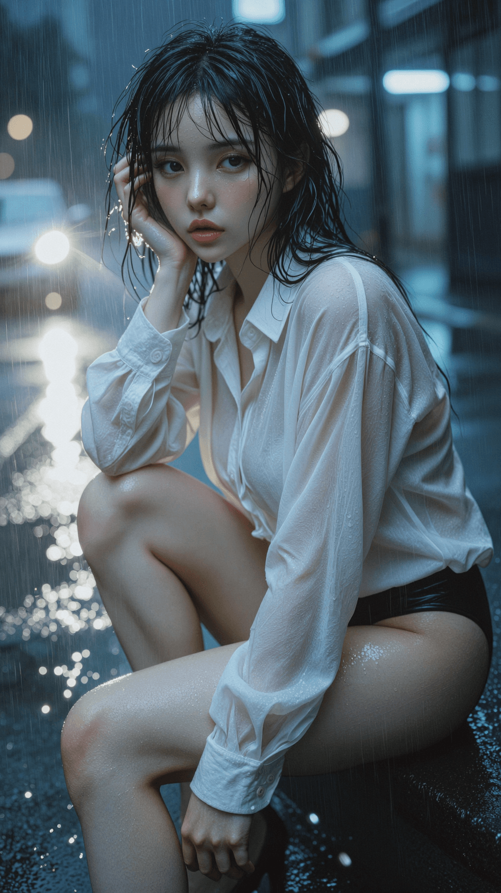 AI generated: A detailed, photorealistic, cinematic vertical medium-full shot of an attractive young East Asian wo...