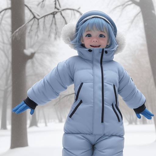 AI generated: a girl in a snow suit dances in winter, snow is falling, there is a lot of snow on the branches of t...