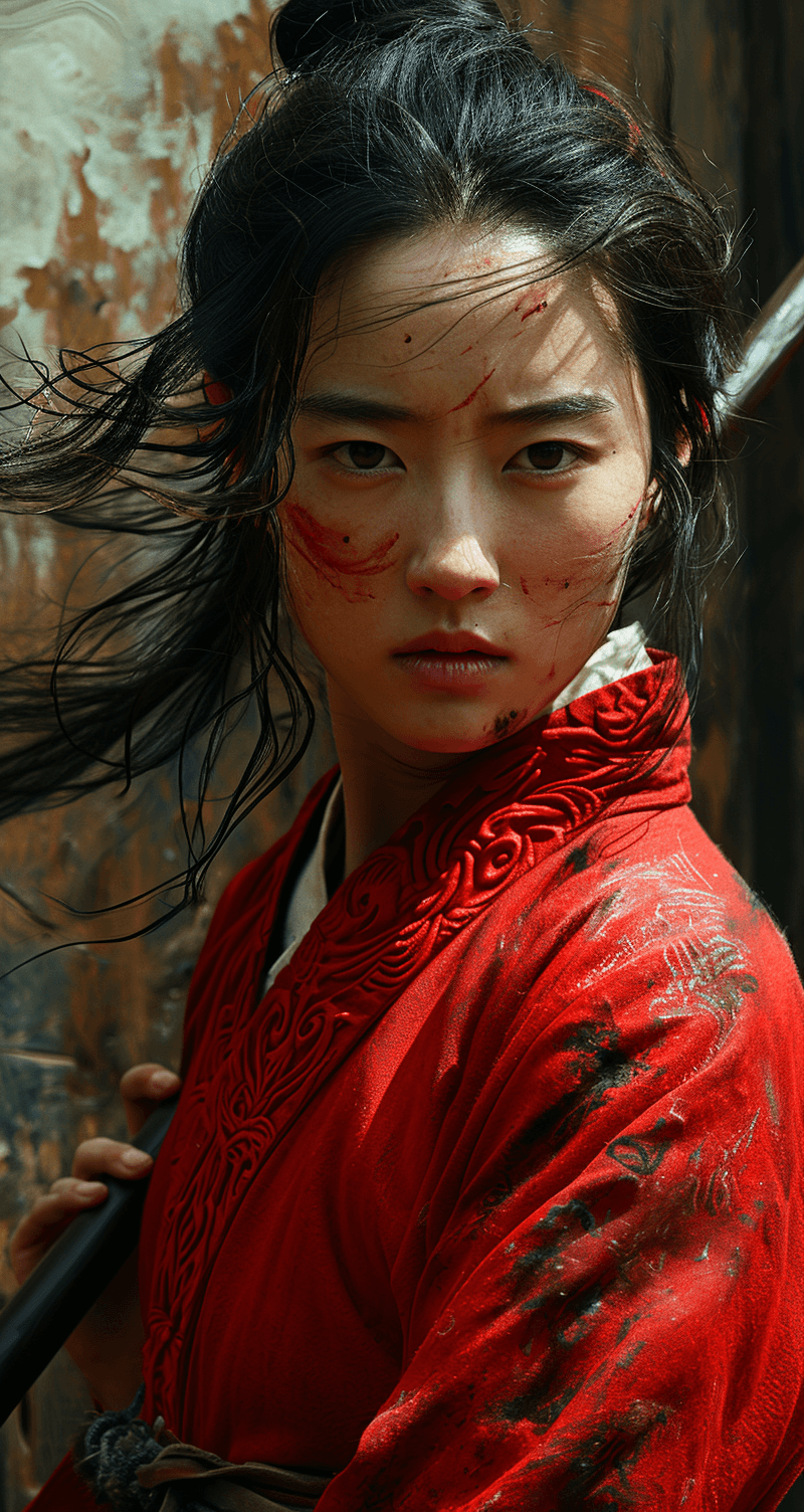 AI generated: Mulan, traditional Chinese attire, battle scene, holding a long stick, high-resolution photography, ...