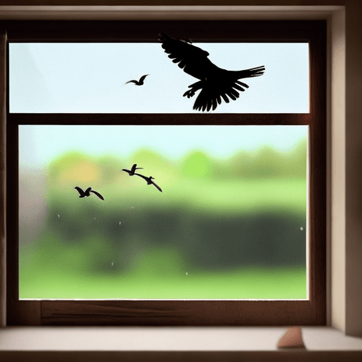 AI generated: A view from inside a bedroom of a crow smashing through the window from outside