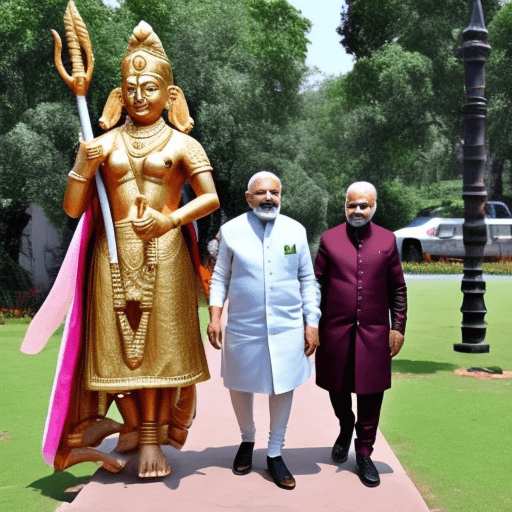 AI generated: indian prime minister narendra modi walking with lord rama statue