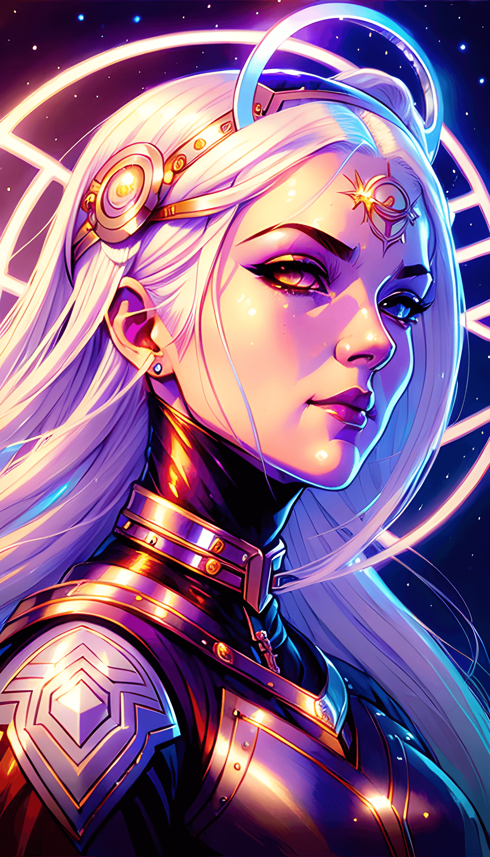 AI generated: a close up of a woman with white hair and a halo around her head, loish art style, jen bartel, loish...