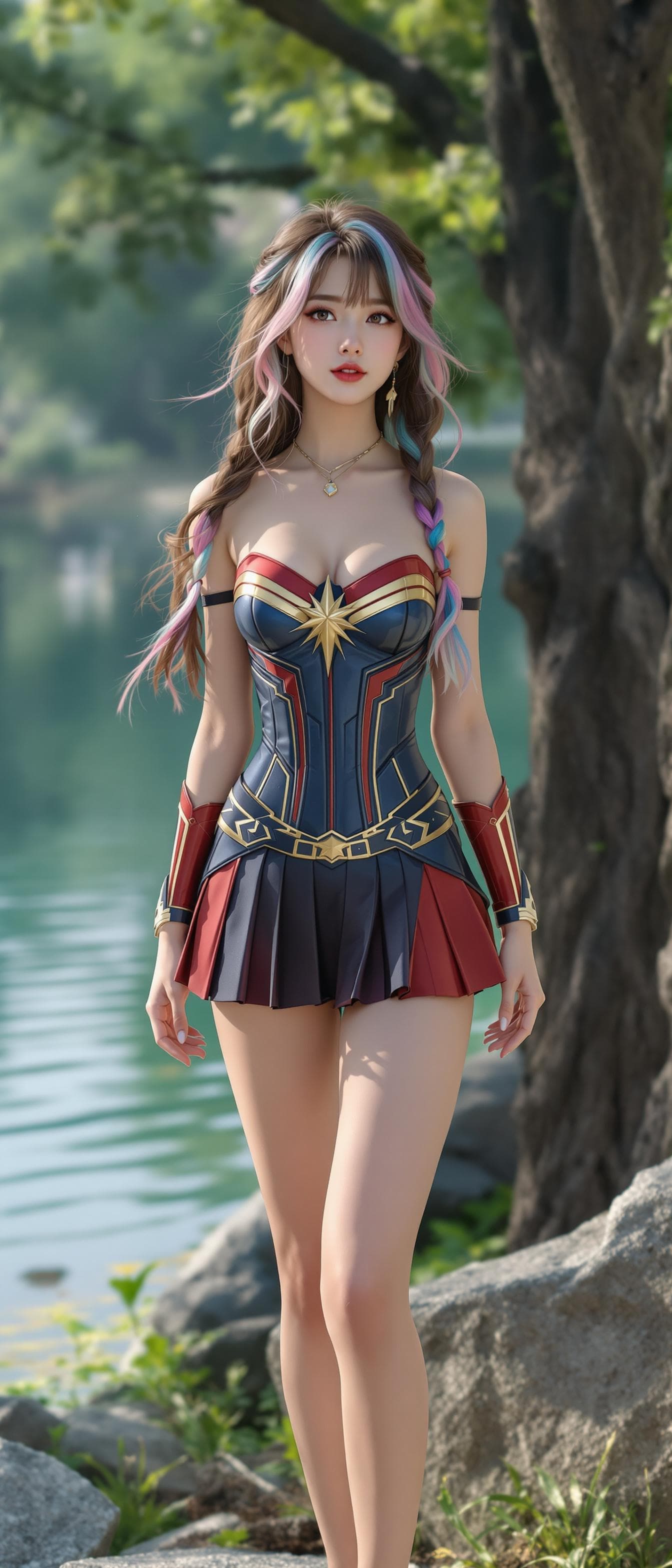 AI generated: hyperrealistic, korean girl, korean ulzzang face, a girl, beautiful, wearing a captain marvel clothe...