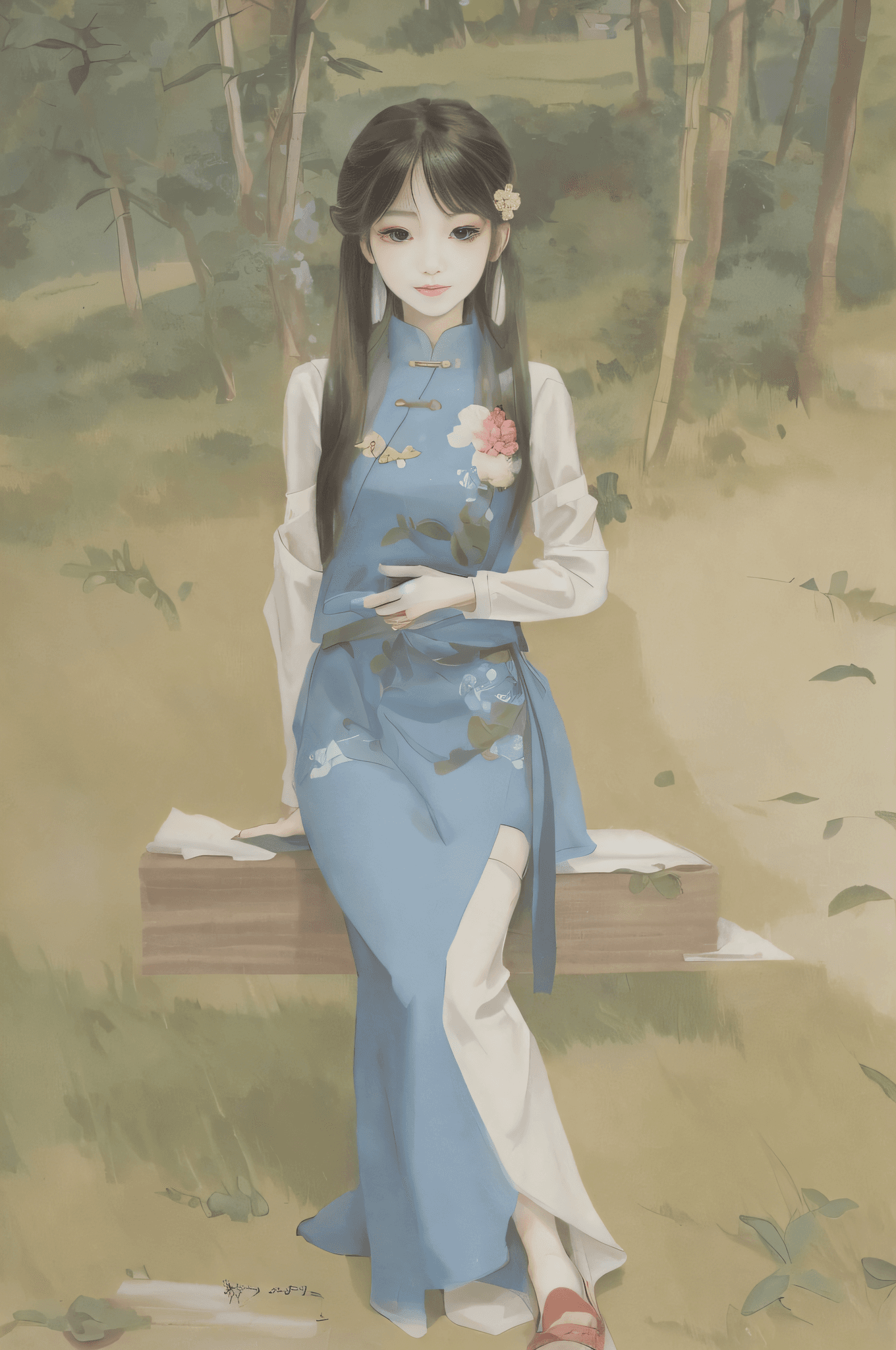 AI generated: painting of a woman sitting on a bench in a park, artwork in the style of guweiz, guweiz, ross tran ...