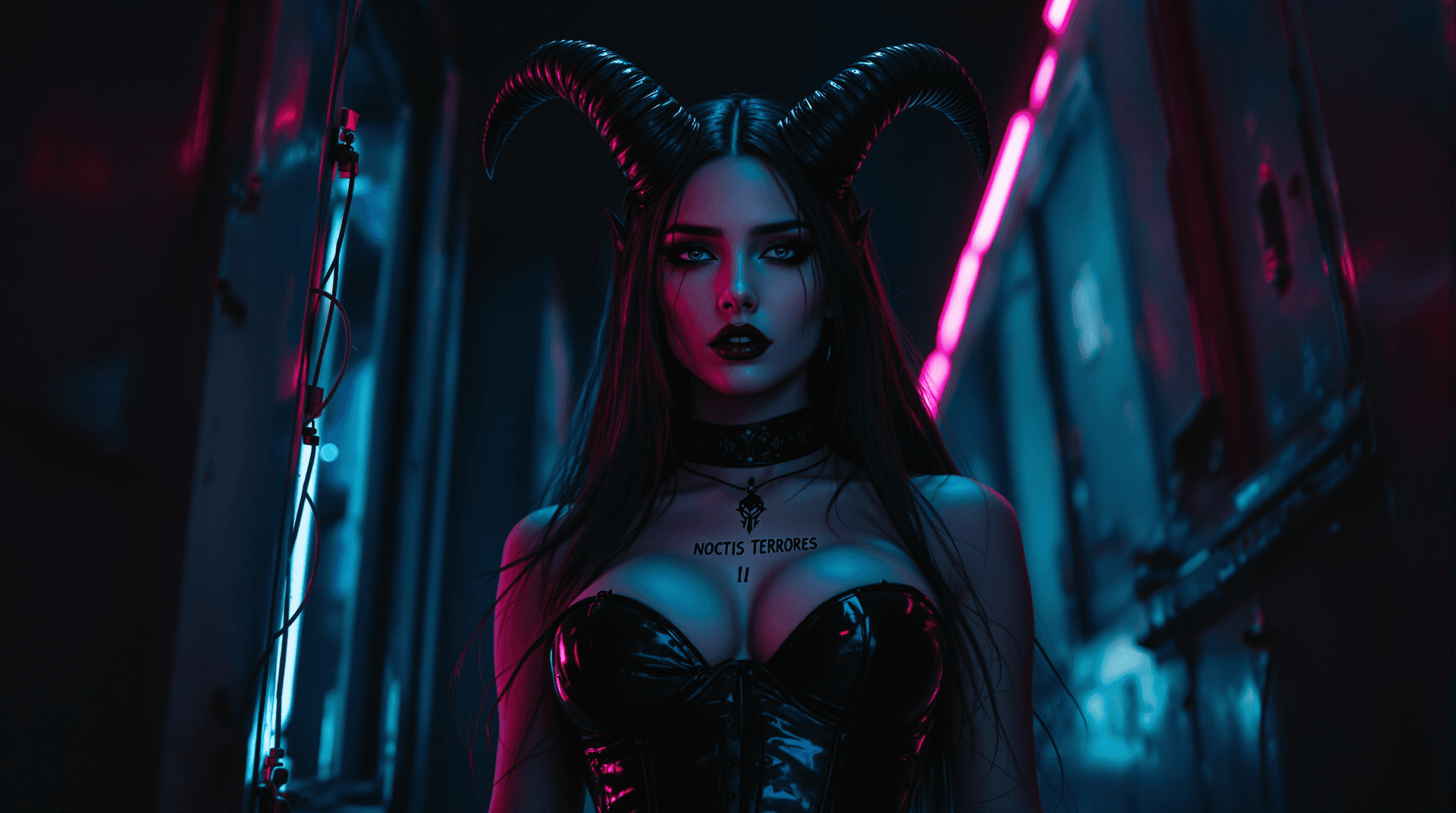 AI generated: Full body composition  fantasy art, exterme low angle: A powerful yet vulnerable female demon, remin...