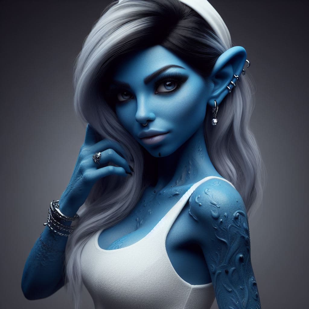 AI generated: smur-fette from the smurfs, beautiful charismatic woman, piercings, athletic, a woman with a white d...