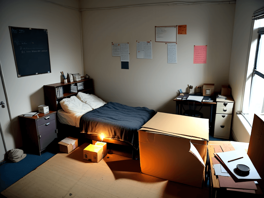 AI generated: A poor student room with only one candle glowing, bed and desk, Some moving cardboard boxes are scat...