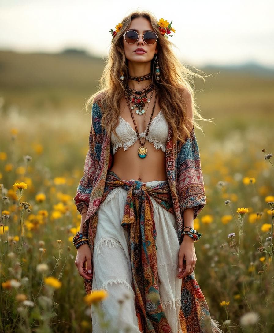 AI generated: Full-body portrait of a bohemian hippie woman standing in nature, with long wavy hair flowing freely...