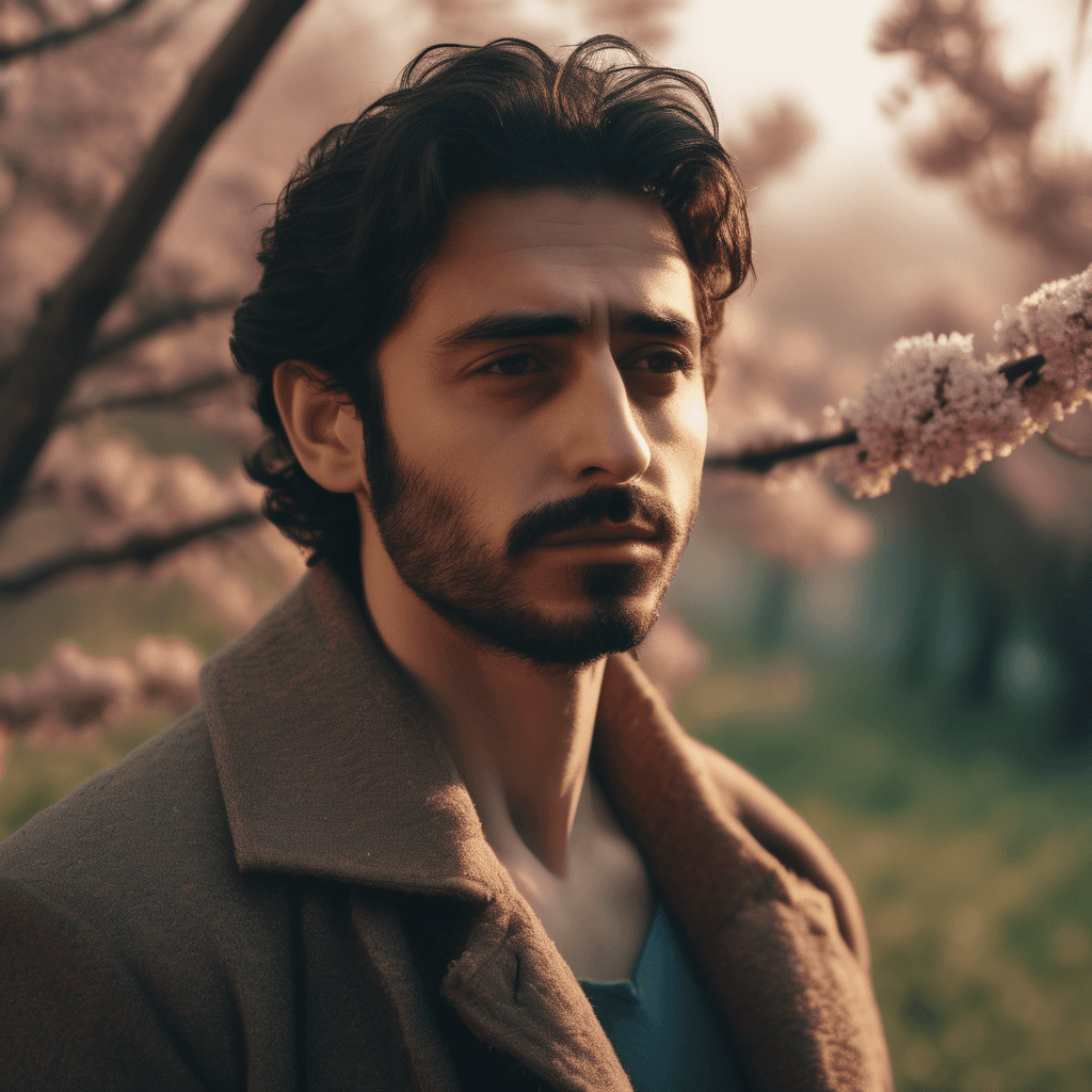 AI generated: An emotional of a handsome young Turkish actor in the springtime at sunrise, portraying deep emotion...