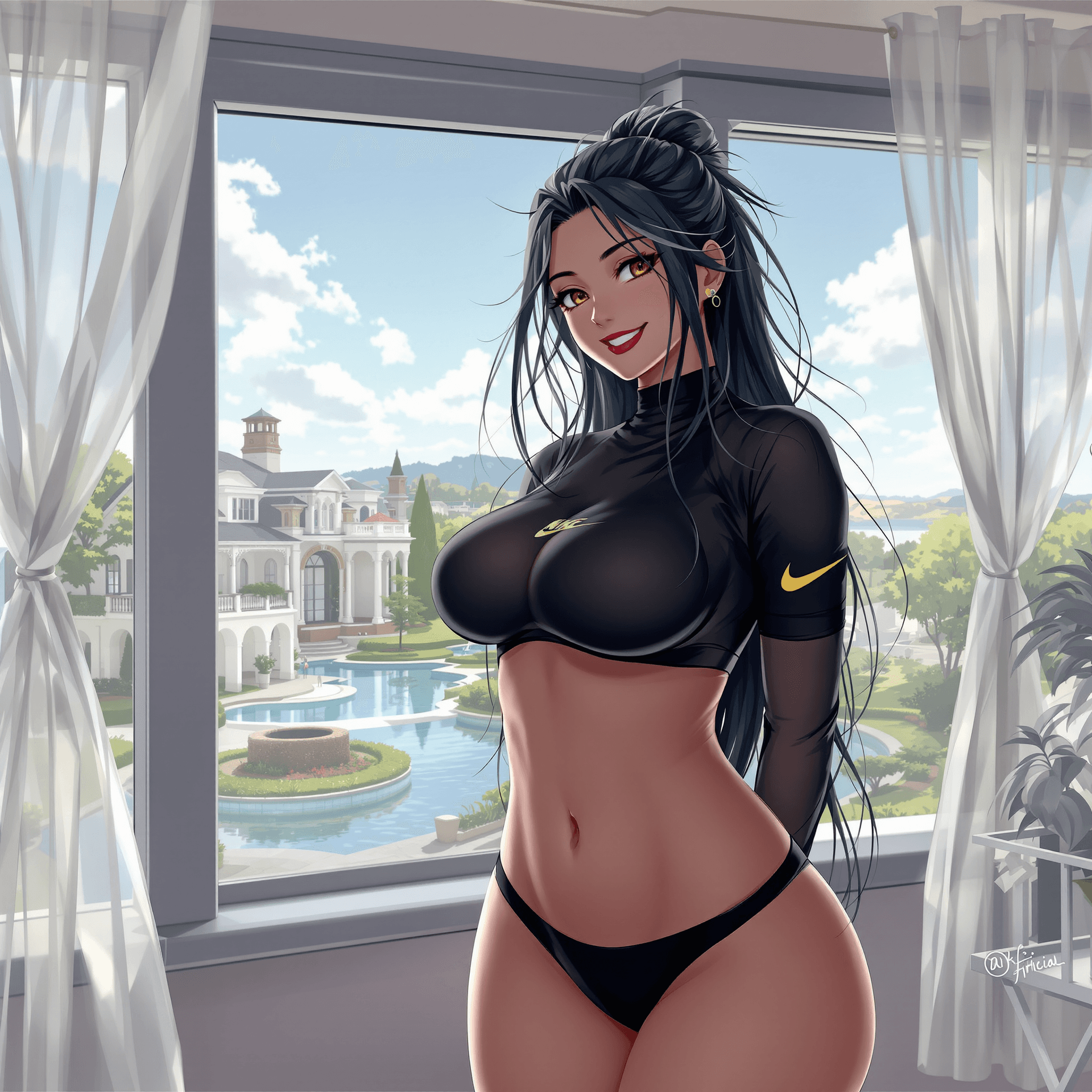AI generated: 1 girl, alone, long hair, long hair, breasts, smile, teeth, big breasts, thick thighs, , black panti...