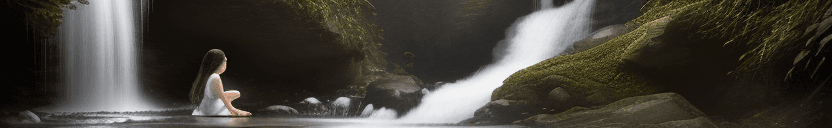 AI generated: HDR photo of woman, wearing white, sits in waterfall, her wet brunette hair hangs down over her shou...