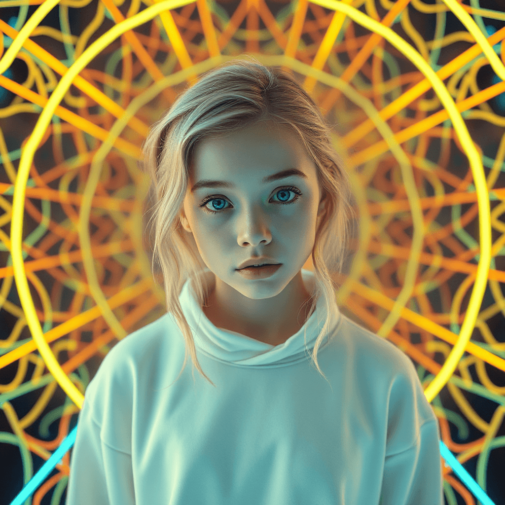 AI generated: random neon patterns surrounding a white girl where her outfit blends into the background, hyper det...