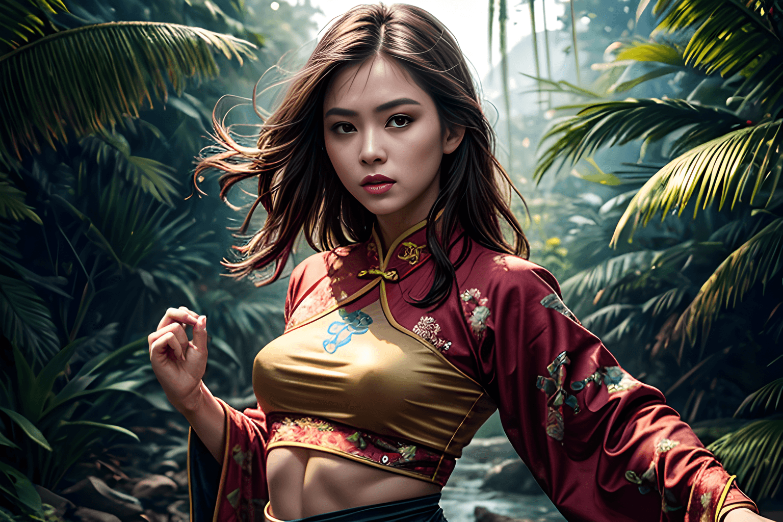 AI generated: amazingly detailed, masterpiece, ultra hd, dynamic angle, kung fu warrior, training, practicing, sco...