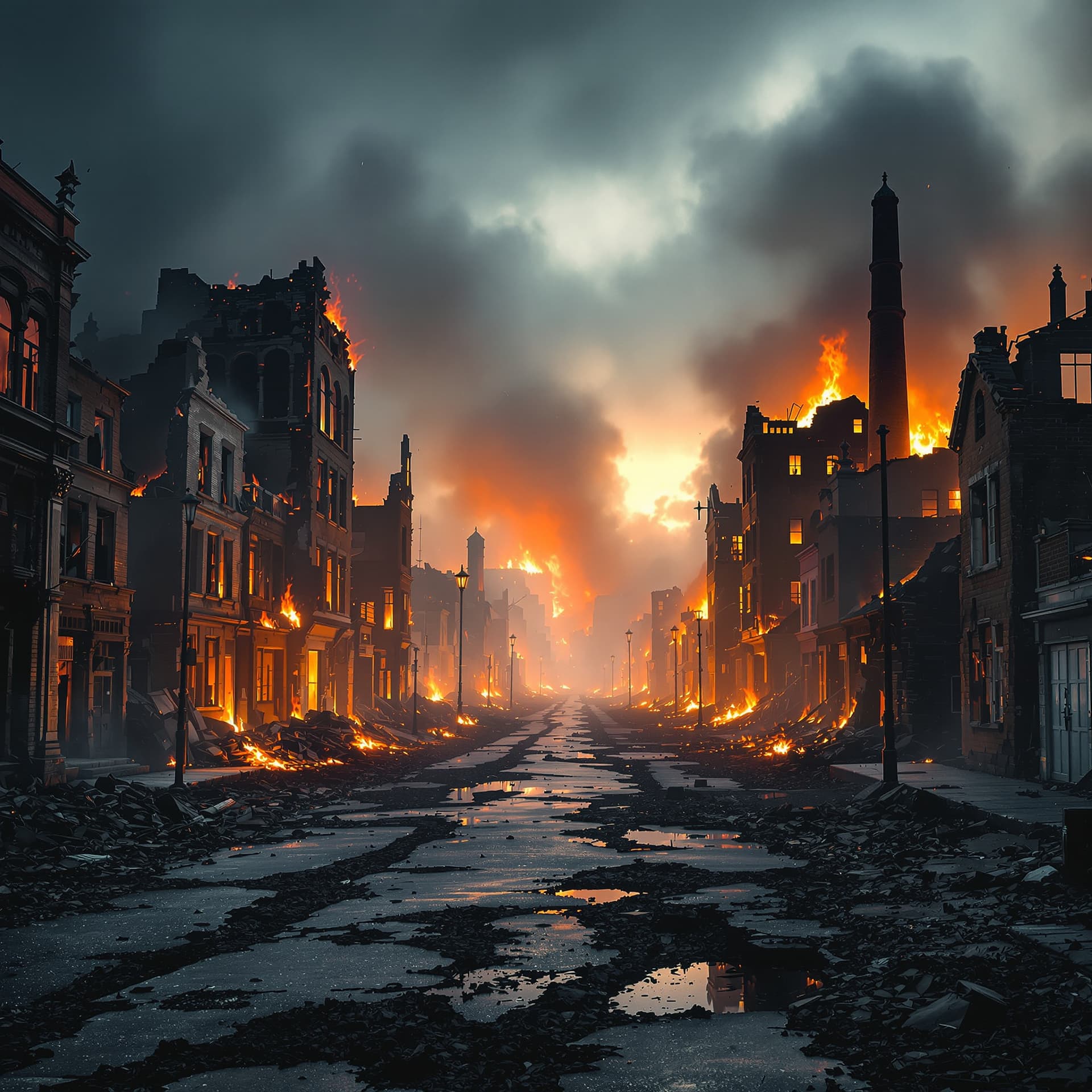 AI generated: front view of an urban neighborhood destroyed with walls missing, THE BUILDINGs are CRUMBLING AND EN...