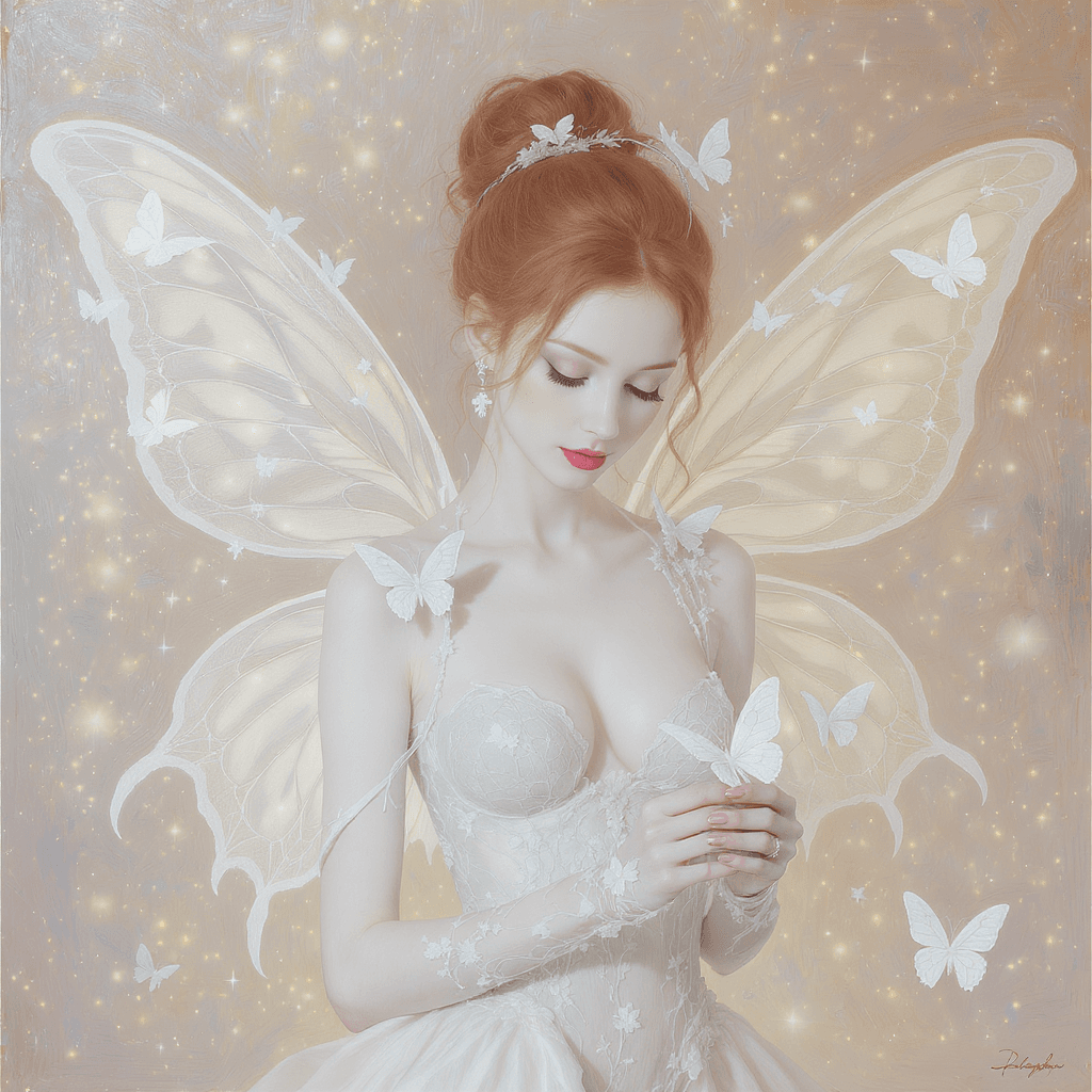 AI generated: The image evokes a delicate, ethereal aesthetic, presenting a slender woman with red hair styled in ...