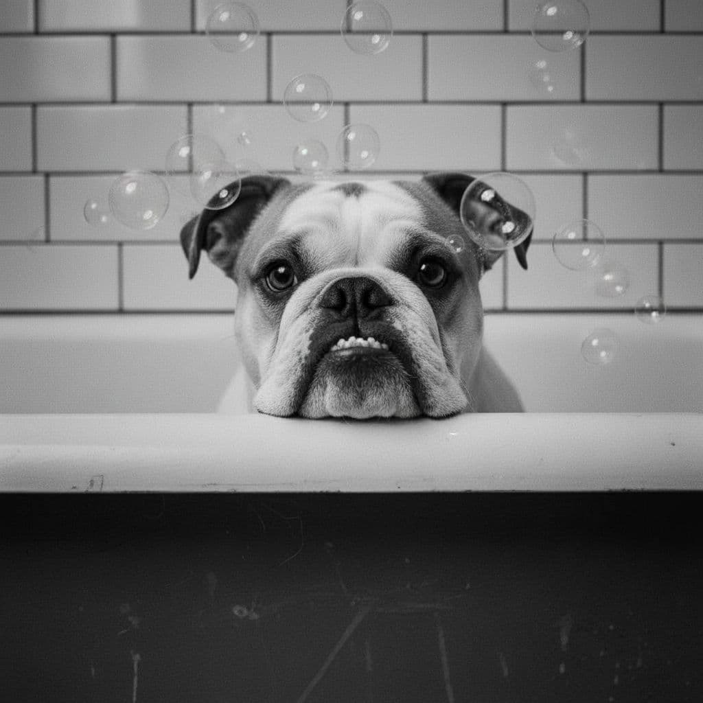 AI generated: Add soap bubbles to it's head and the back wall should be white subway style shower tiles