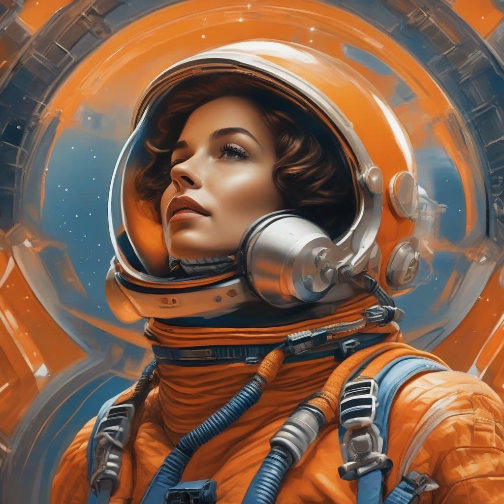 AI generated: highest quality photo of female space explorer (orange:5), (blue:6) (tight jumpsuit), alien sky, spa...