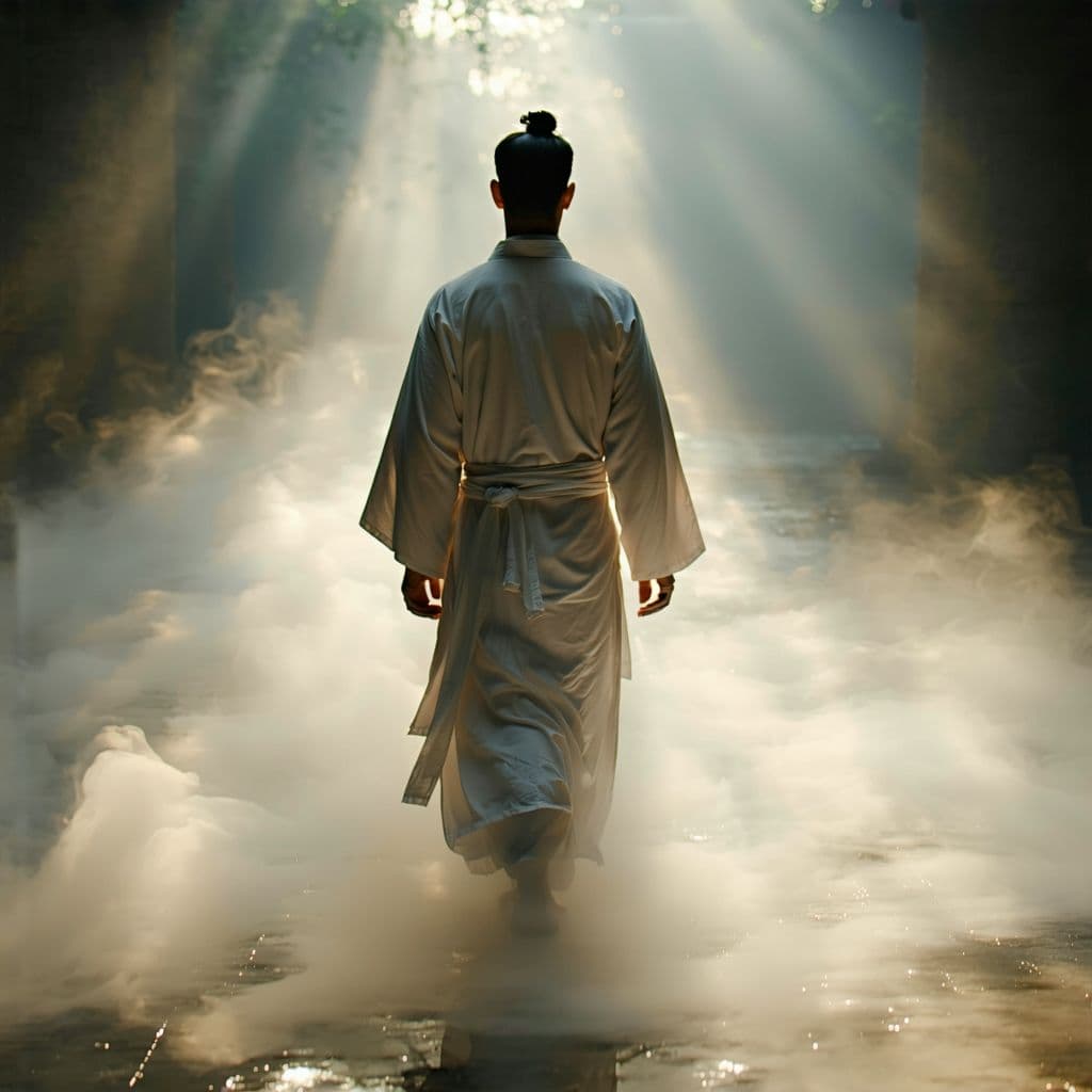 AI generated: A fine art, hyper-realistic, cinematic image of a man wearing a white long cotton robe with a sash, ...
